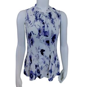 DKNY Womens Purple Floral Pleated Tie Neck Sleeveless Blouse PM Petite Medium